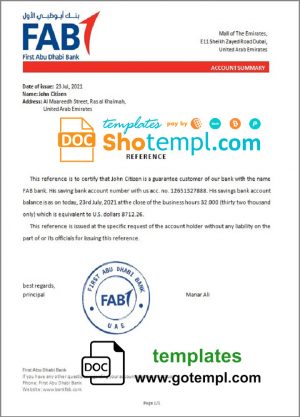 UAE FAB bank account balance reference letter template in Word and PDF format