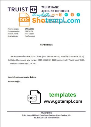 USA Truist Bank bank account closure reference letter template in Word and PDF format