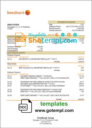 Sweden Swedbank bank statement template in Word and PDF format