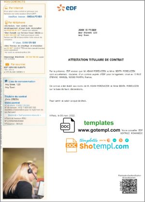 France EDF attestation de contrat template in Word and PDF format