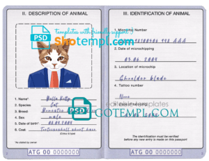Antigua and Barbuda cat (animal, pet) passport PSD template, fully editable
