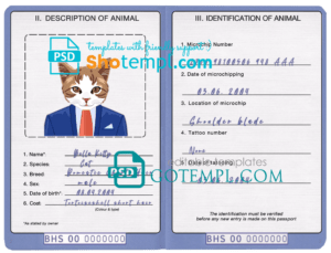 Bahamas cat (animal, pet) passport PSD template, fully editable
