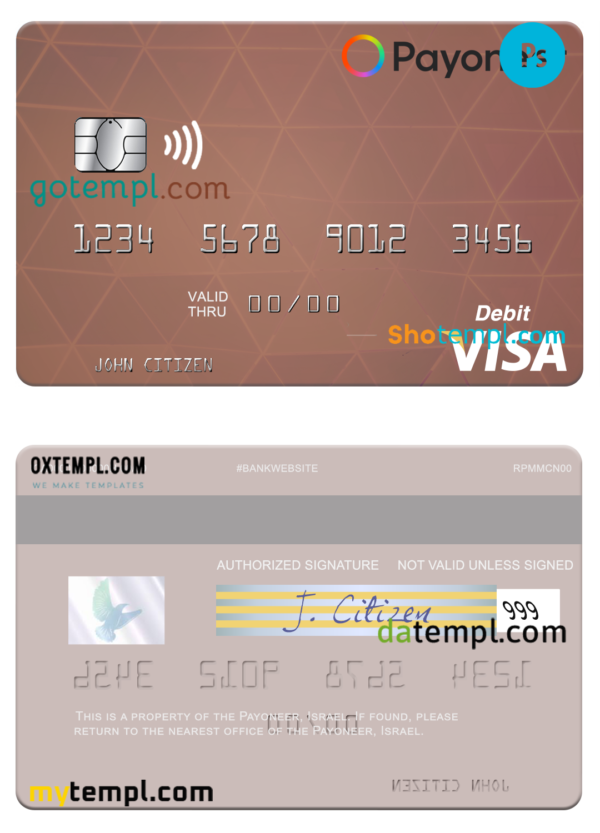 USA Payoneer visa credit card PSD template