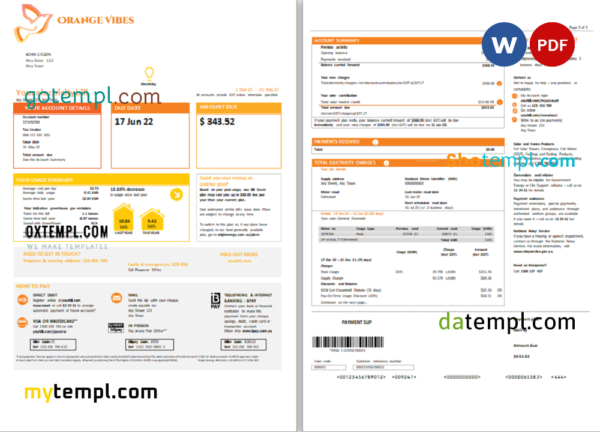 # orange vibes universal multipurpose utility bill, Word and PDF template, 3 pages