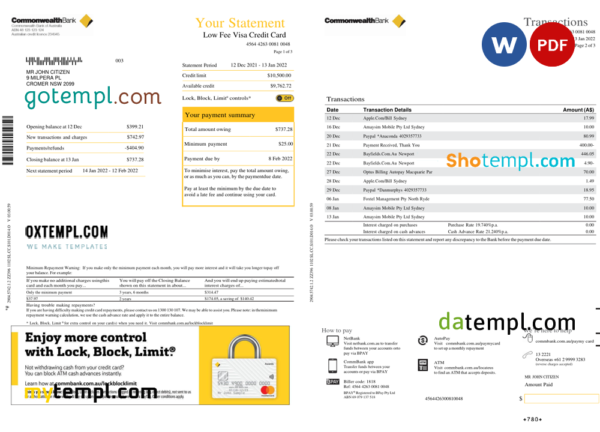 Australia Commonwealth bank statement, Word and PDF template, 3 pages