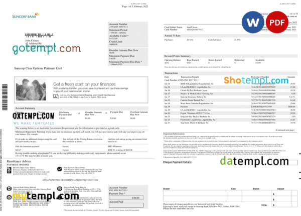 Australia Suncorp bank card account statement, Word and PDF template, 5 pages
