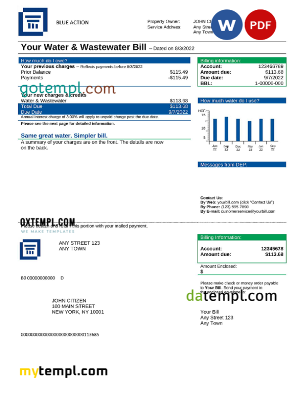 # blue action universal multipurpose utility bill, Word and PDF template