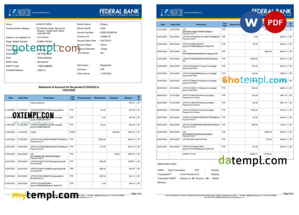 India Federal bank account statement, Word and PDF template, 3 pages