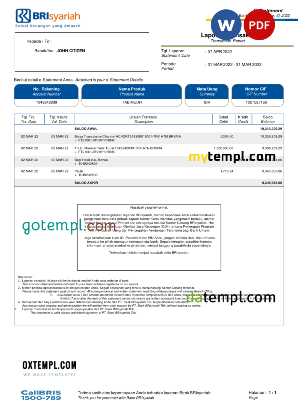 Indonesia BRIsyariah bank e-Statement, Word and PDF template