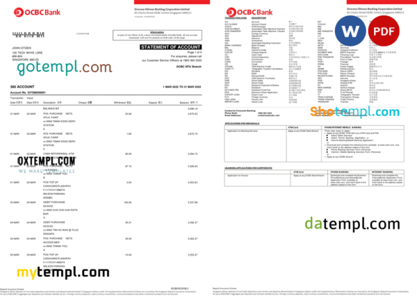 Singapore OCBC bank statement, Word and PDF template, 6 pages