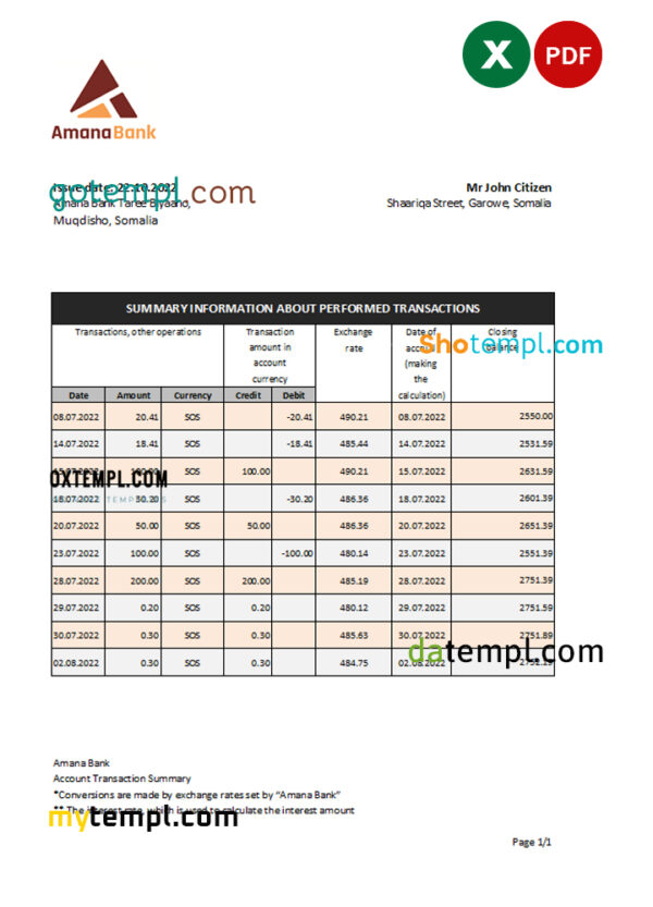Somalia Amana bank statement, Excel and PDF template