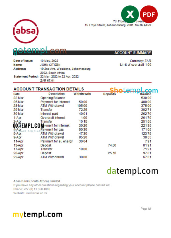 South Africa ABSA bank statement, Excel and PDF template