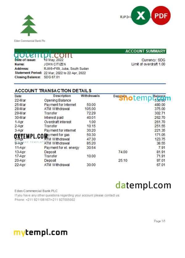 South Sudan Eden Commercial Bank statement, Excel and PDF template