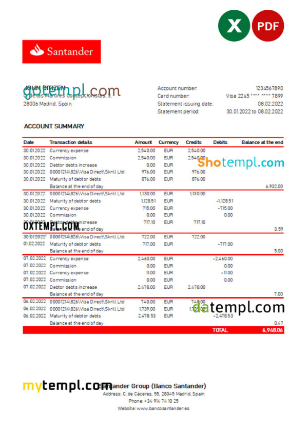 Spain Santander bank statement, Excel and PDF template