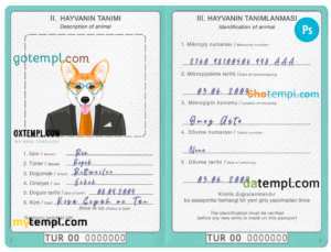 Turkey dog (animal, pet) passport PSD template, completely editable