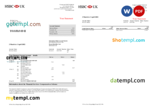 United Kingdom HSBC bank business account statement Word and PDF template, 3 pages