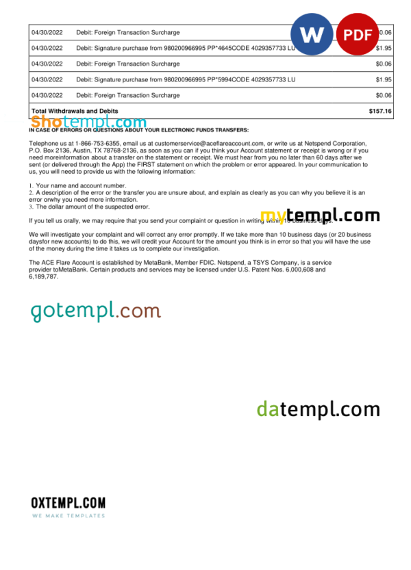 USA Metabank deposit account statement, Word and PDF template, 3 pages