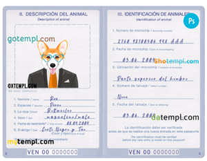 Venezuela dog (animal, pet) passport PSD template, fully editable