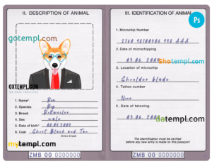Zambia dog (animal, pet) passport PSD template, fully editable