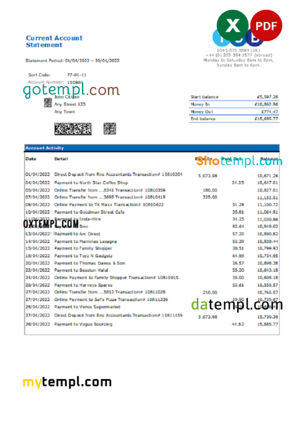 United Kingdom TSB bank statement, Excel and PDF template