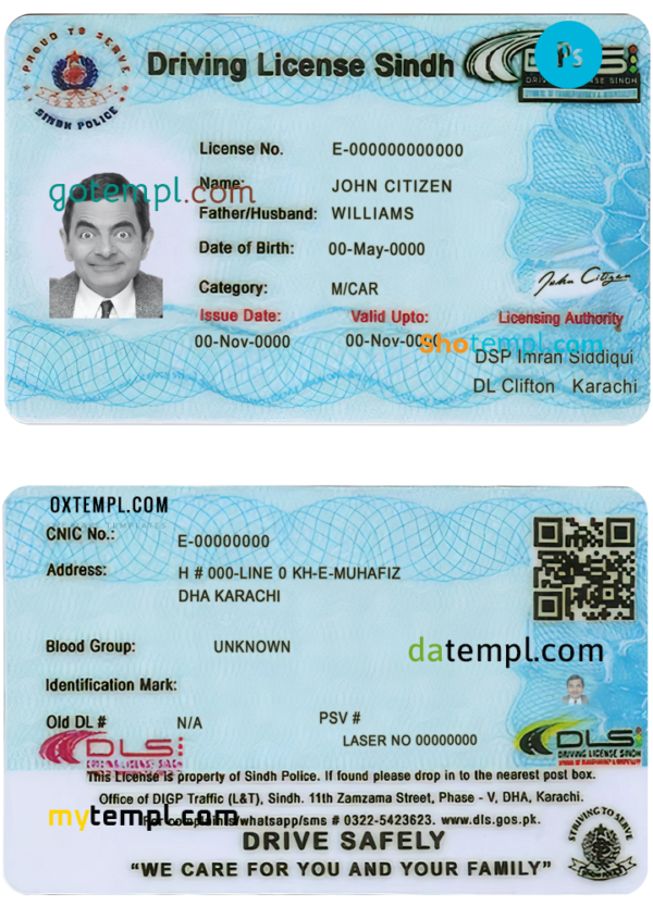 Pakistan Sindh province driving license PSD template, completely editable