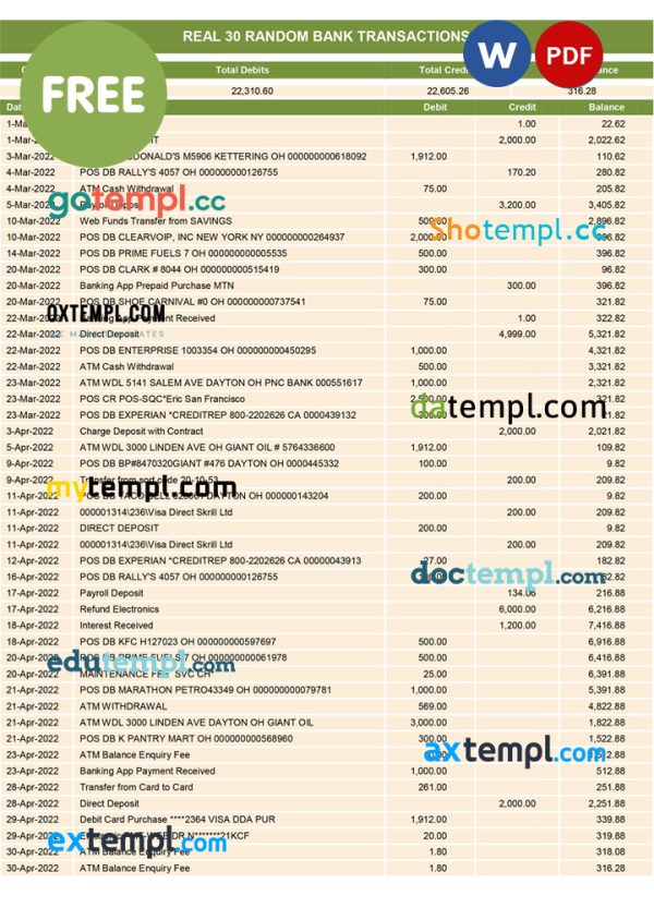 30 real different bank transactions' template Word & PDF formats