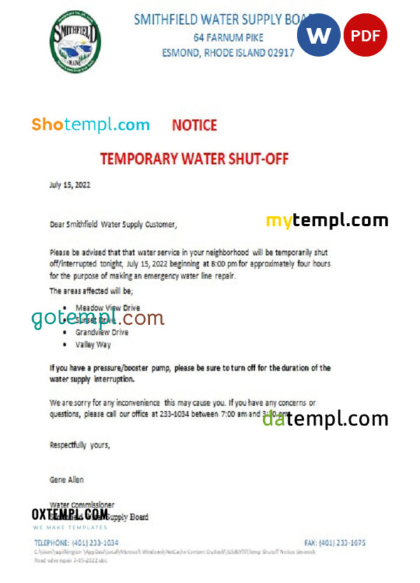 USA Rhode Island Smithfield water supply board water shut off notice, Word and PDF template