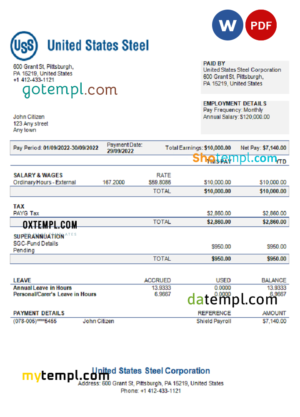 USA United States Steel Corporation steel production company pay stub Word and PDF template