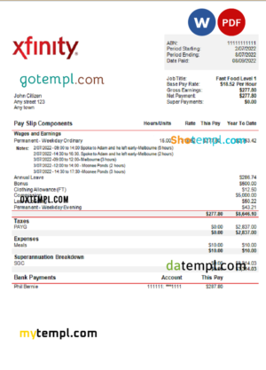 USA Xfinity broadasting company pay stub Word and PDF template