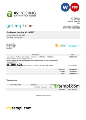 USA A2 Hosting invoice Word and PDF template