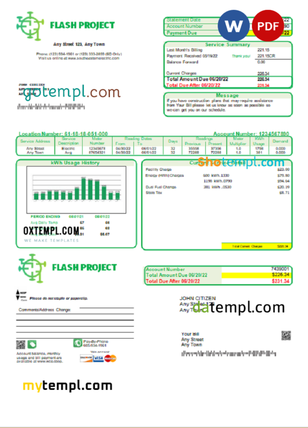 # flash project universal multipurpose utility bill, Word and PDF template