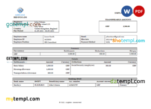 United Kingdom Mercans Global Payroll Solutions & Services payroll company pay stub Word and PDF template
