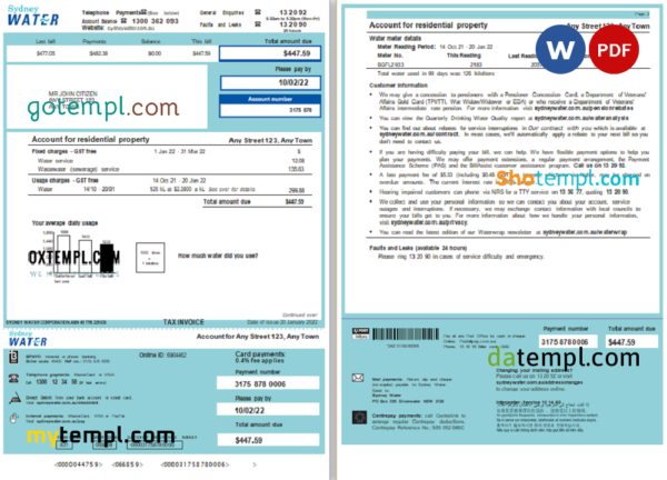 Australia Sydney Water utility bill, Word and PDF template, 2 pages