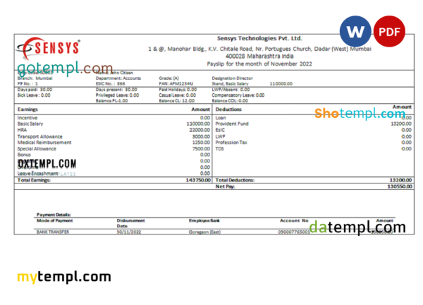 India Sensys technologies Pvt IT technologies pay stub Word and PDF template