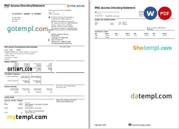 USA PNC bank statement, Word and PDF template, 2 pages