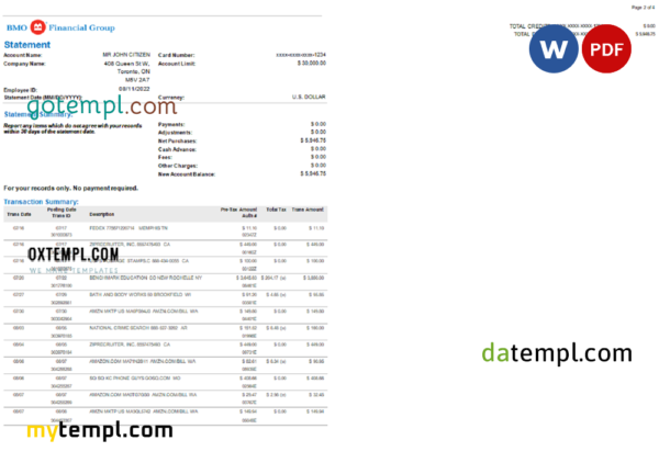 USA BMO bank statement, Word and PDF template, 4 pages