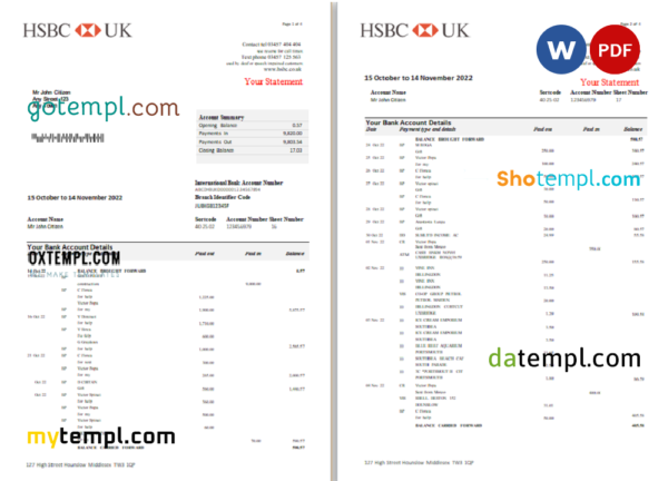 United Kingdom HSBC bank statement, Word and PDF template, 5 pages