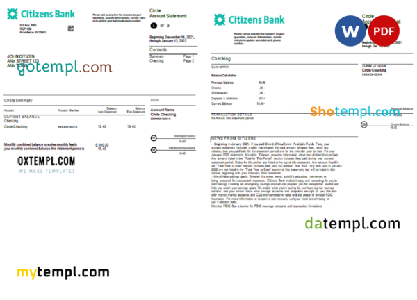 USA Citizens bank statement, Word and PDF template, 4 pages