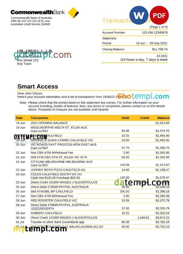 Australia Commonwealth bank statement, Word and PDF template, 5 pages