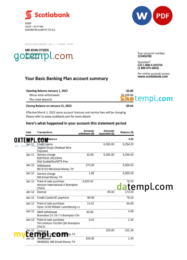 Australia Scotiabank bank statement, Word and PDF template, 2 pages