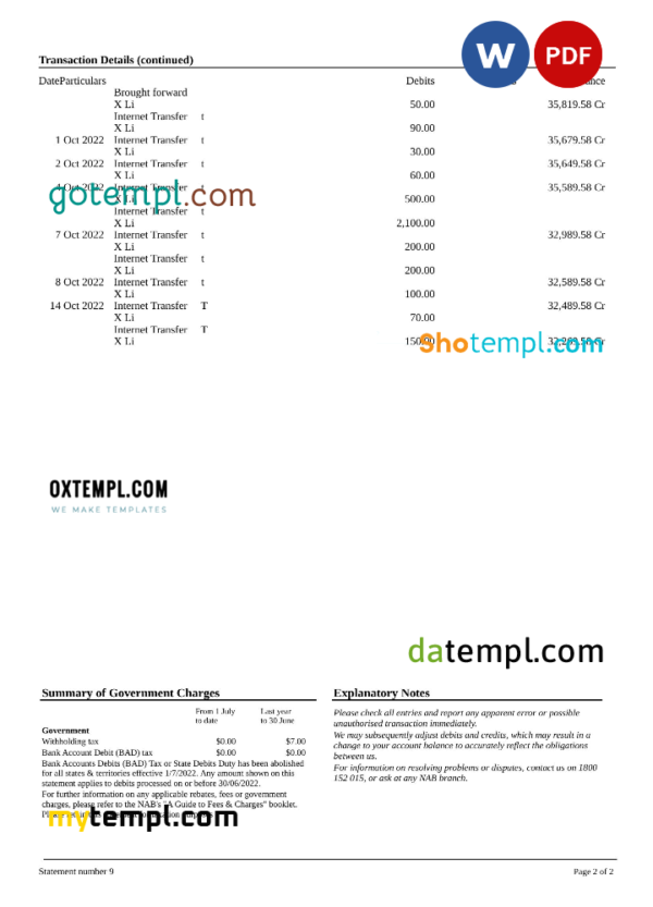 Australia NAB bank statement, Word and PDF template, 2 pages