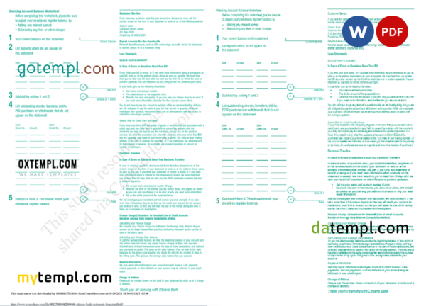 USA Citizens bank statement, Word and PDF template, 4 pages