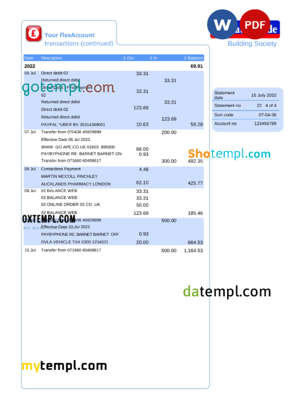 United Kingdom Nationwide bank statement, Word and PDF template, 5 pages, version 2