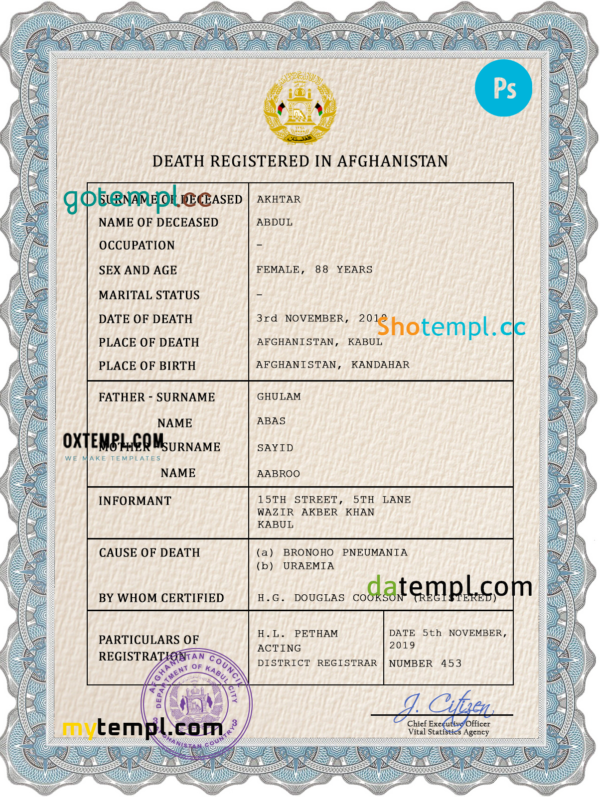 Afghanistan vital record death certificate PSD template
