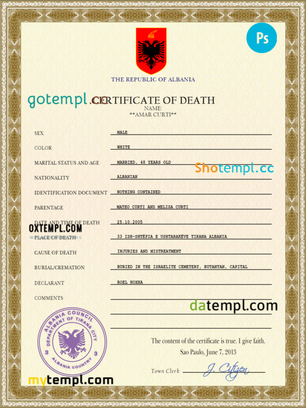 Albania death certificate PSD template, completely editable
