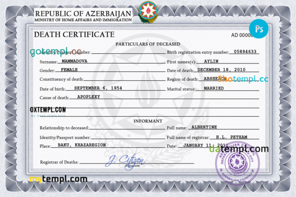 Azerbaijan vital record death certificate PSD template, completely editable