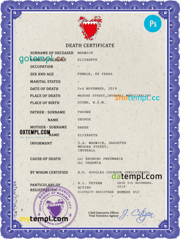 Bahrain death certificate PSD template, completely editable