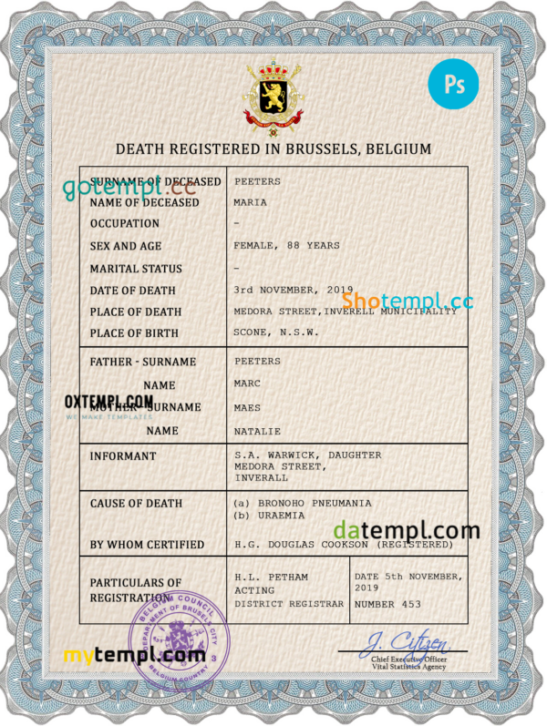 Belgium vital record death certificate PSD template
