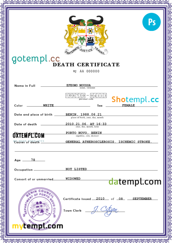 Benin vital record death certificate PSD template, fully editable