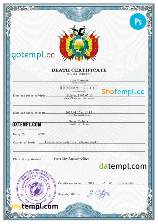 Bolivia death certificate PSD template, completely editable